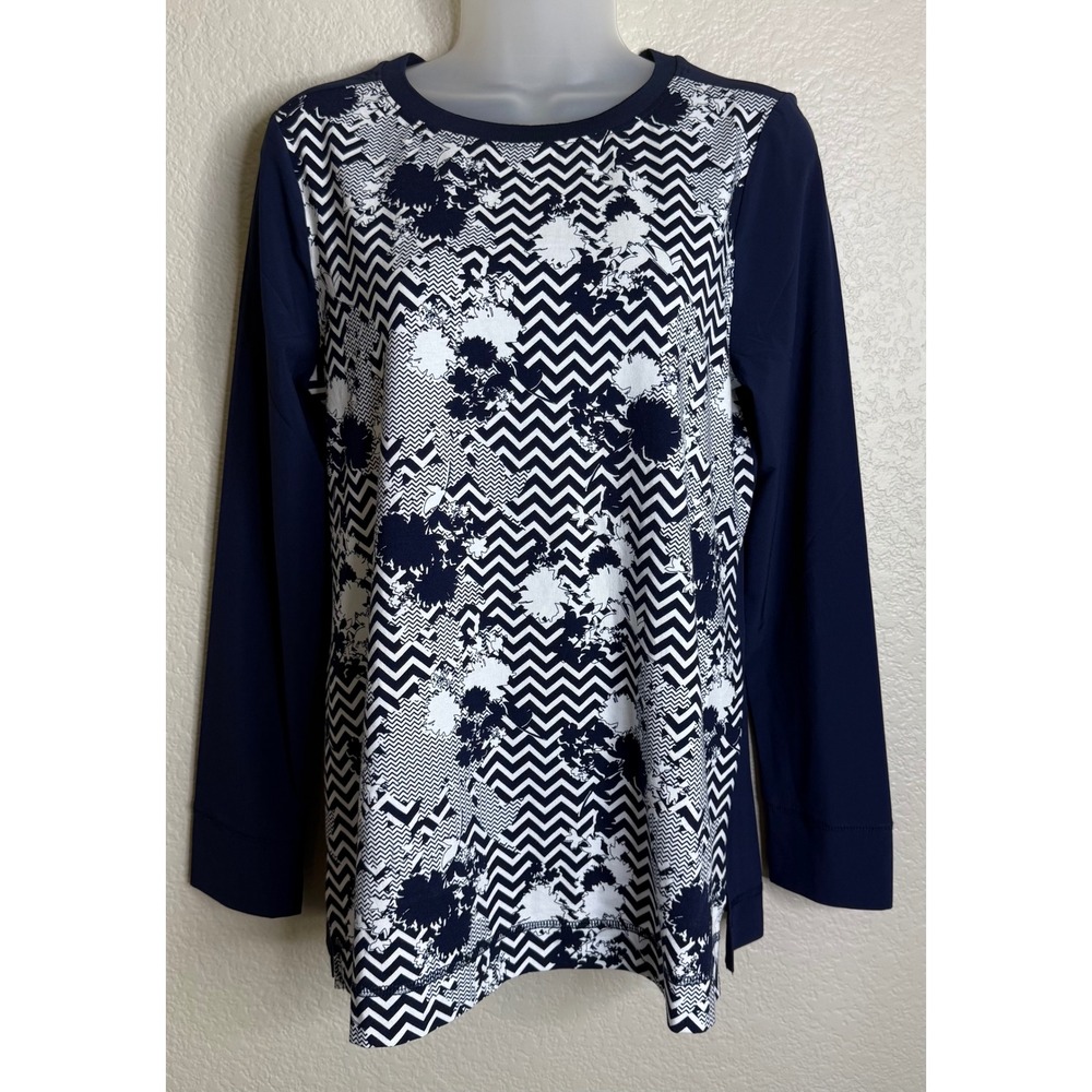 Weekends by Chicos 0 US Small Top Navy Oriental Chevron Bliss Balance Mix NEW